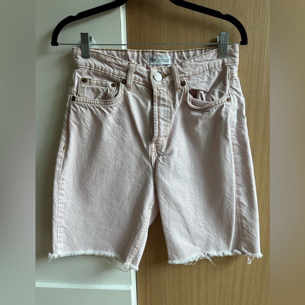 Zara pale pink distressed long shorts